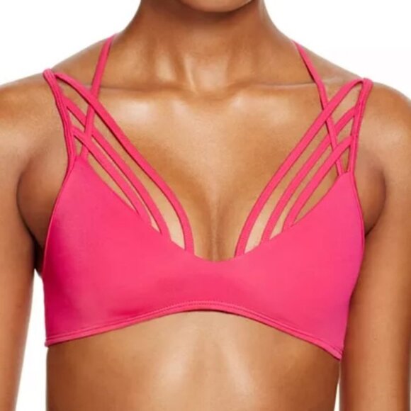 PilyQ Pink Dahlia Quinn Halter Bikini Top Pink Size D Caged Strappy Boho Swim - Picture 4 of 11